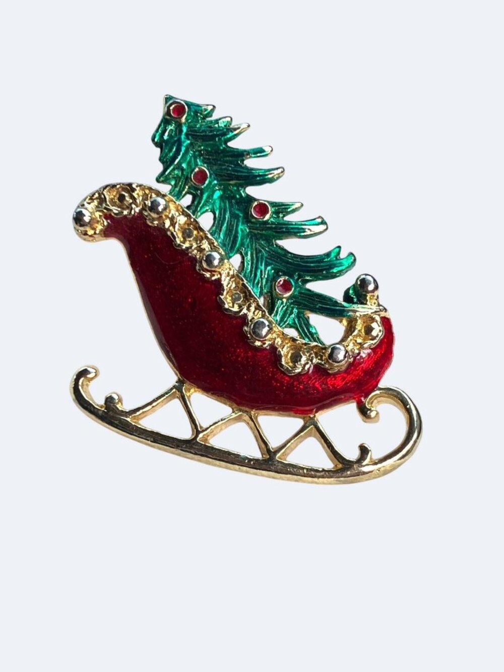 Christmas Sleigh Pin Brooch With Red Enamel Green Tree Design Christmas - Picture 2 of 11